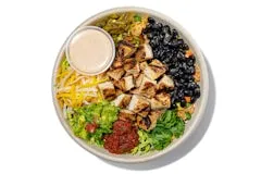 Catering 54 Blackened Chicken Burrito Bowl featuring grilled chicken breast, rice, cabbage, guacamole, black beans, hatch chiles, salsa, corn, cilantro, and tapatío crema.