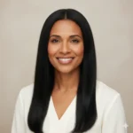 Catering 86 Realistic portrait of Maria L, woman with long straight black hair wearing a white blouse and smiling naturally against a soft neutral background.